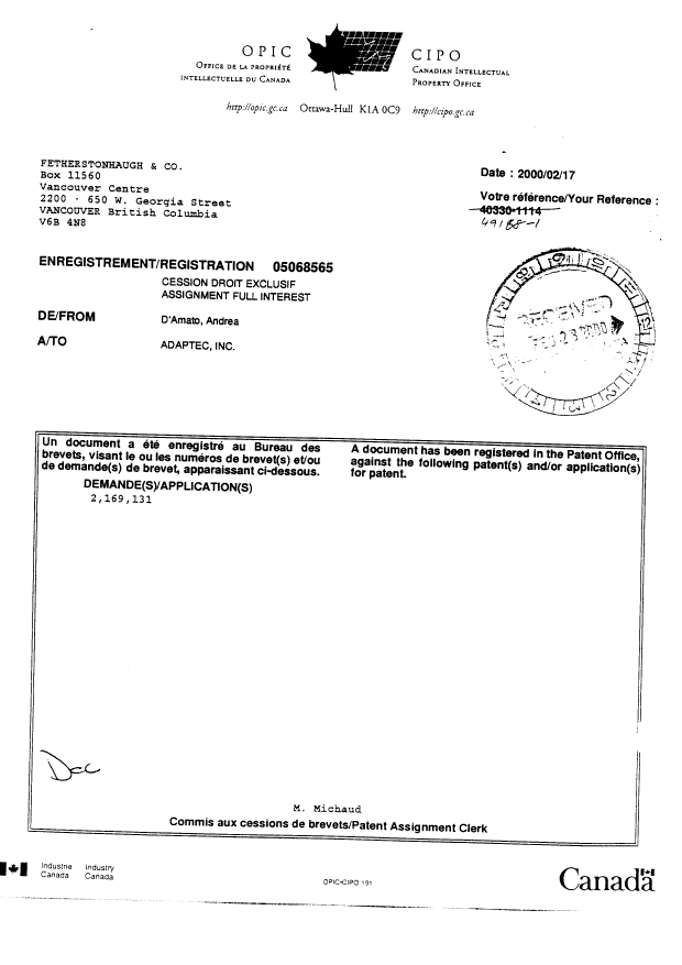 Document de brevet canadien 2169131. Cession 20000927. Image 3 de 3