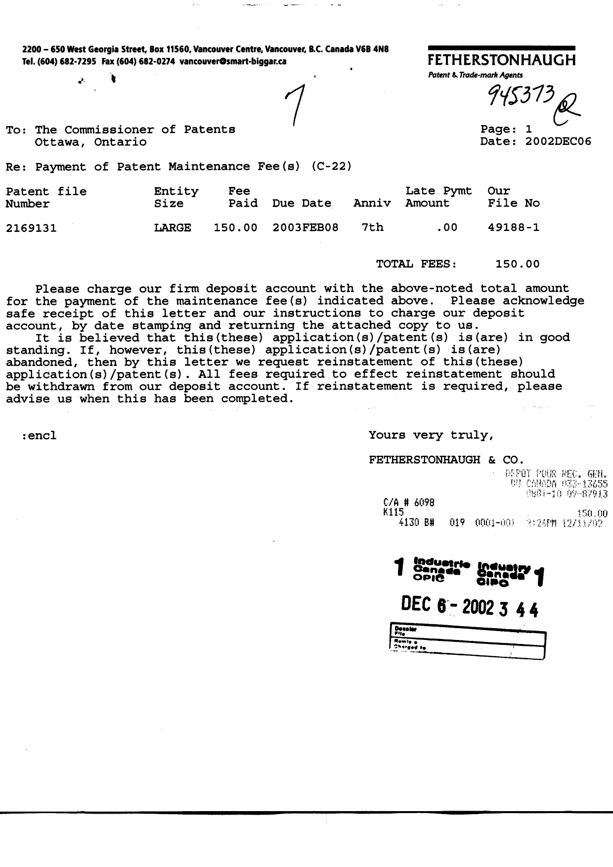 Document de brevet canadien 2169131. Taxes 20021206. Image 1 de 1
