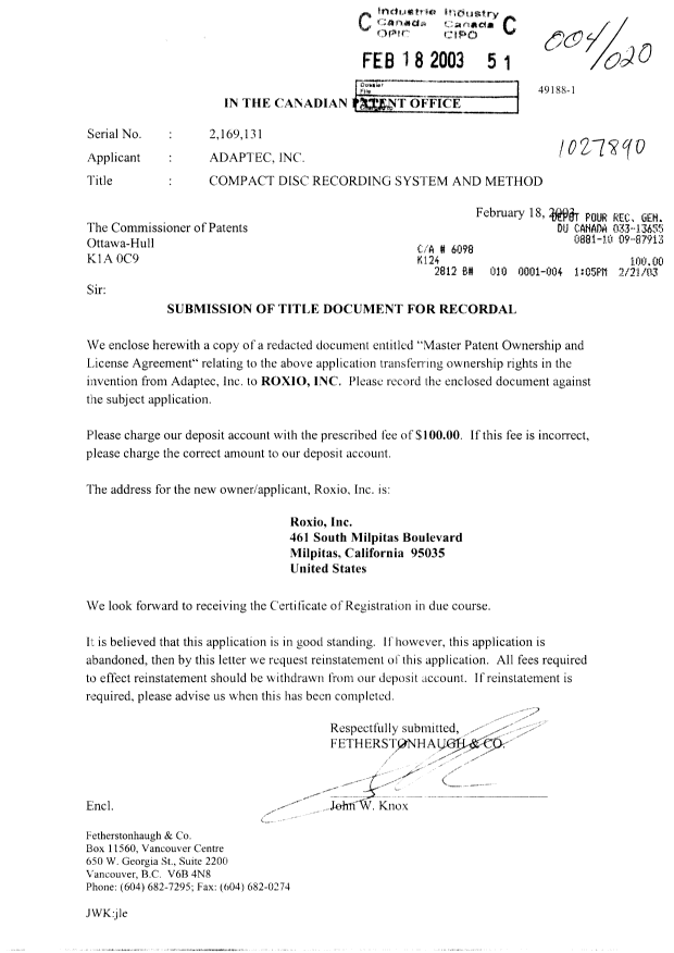 Document de brevet canadien 2169131. Cession 20030218. Image 1 de 20