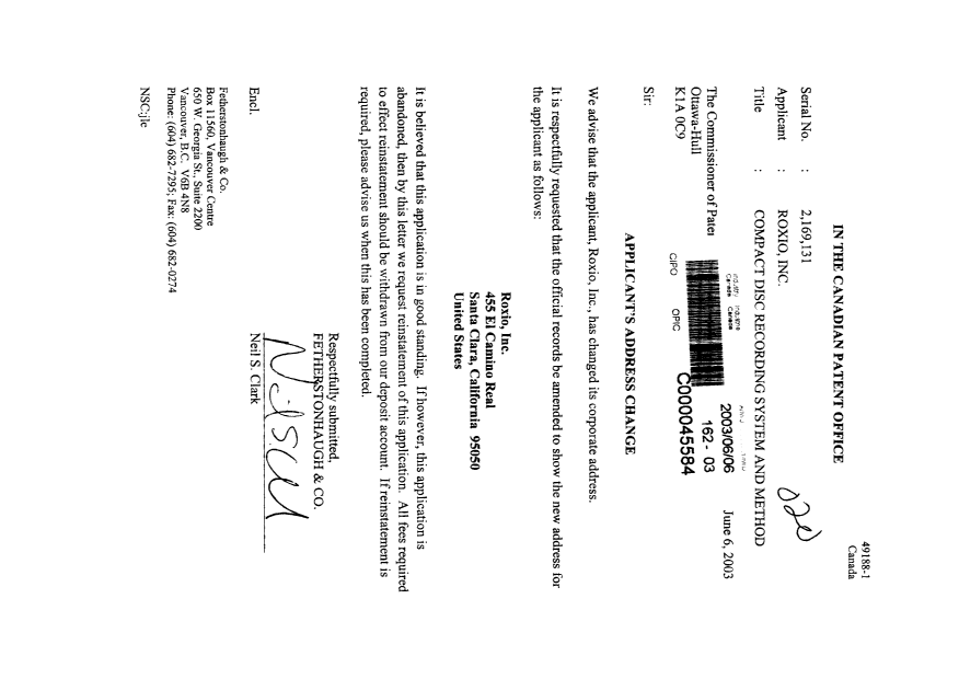 Document de brevet canadien 2169131. Correspondance 20030606. Image 1 de 1