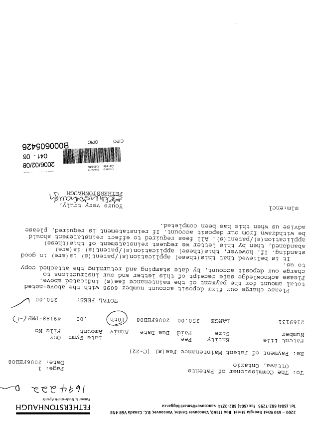 Canadian Patent Document 2169131. Fees 20060208. Image 1 of 1