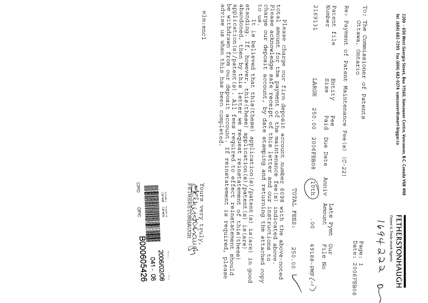 Document de brevet canadien 2169131. Taxes 20060208. Image 1 de 1
