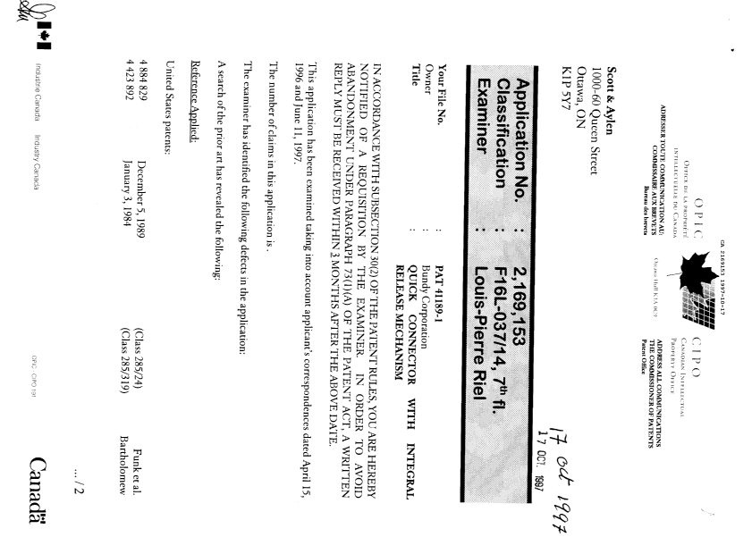 Document de brevet canadien 2169153. Demande d'examen 19971017. Image 1 de 2