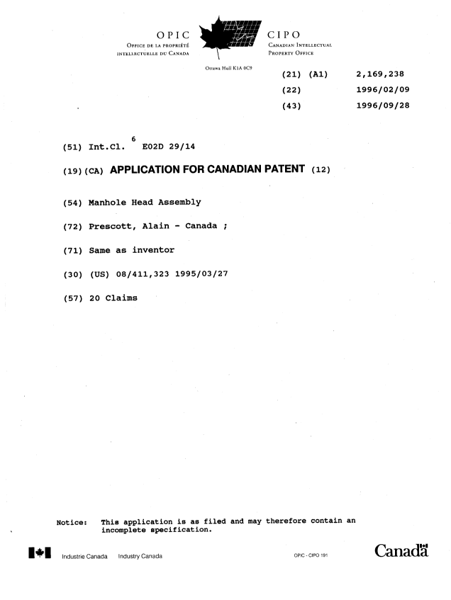 Canadian Patent Document 2169238. Cover Page 19960531. Image 1 of 1