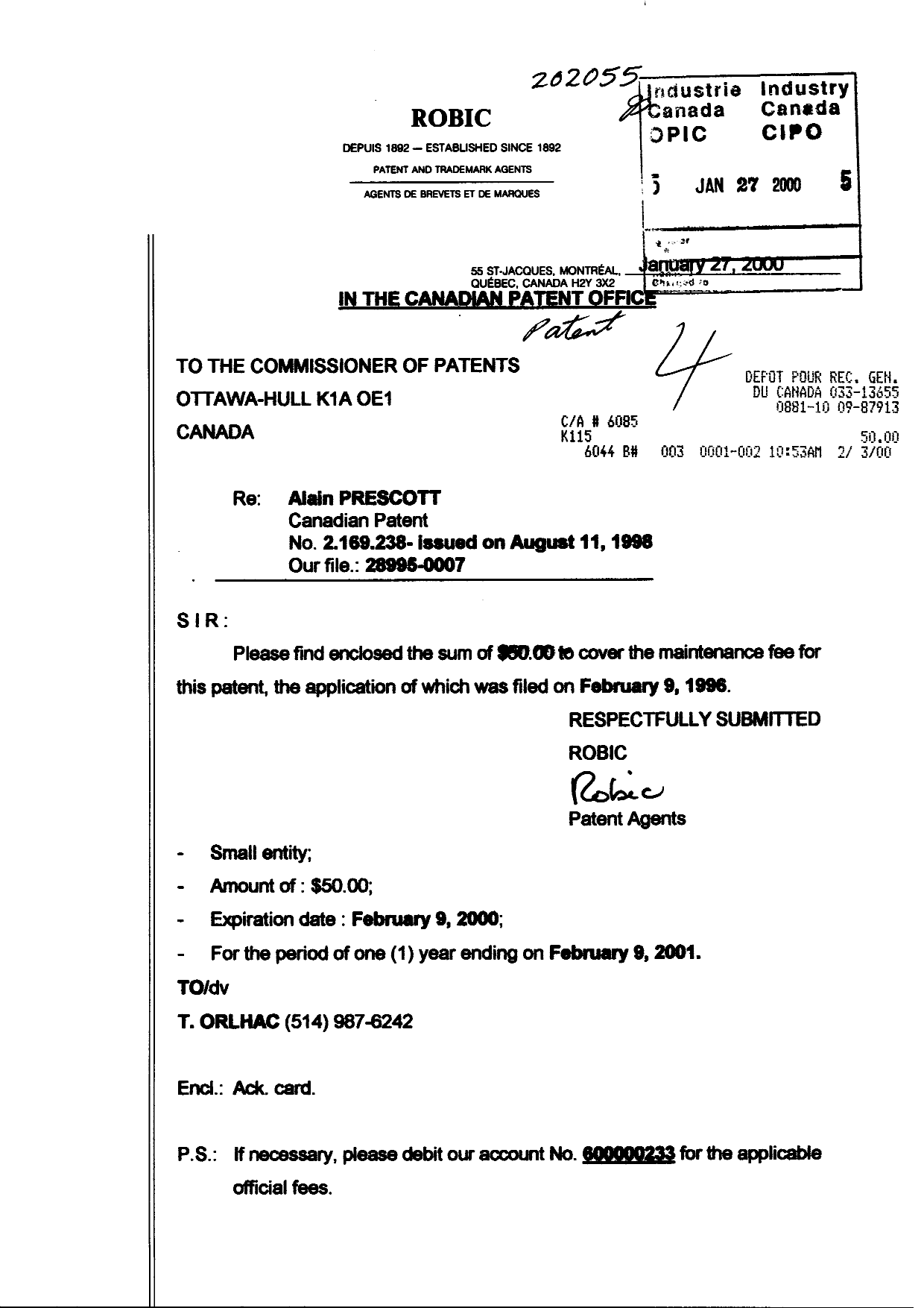 Document de brevet canadien 2169238. Taxes 20000127. Image 1 de 1