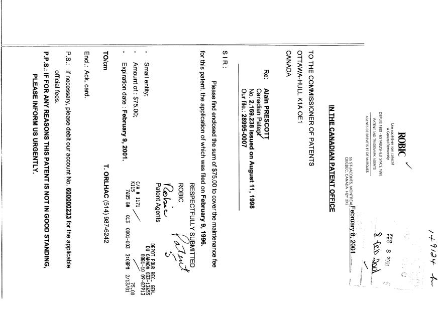 Document de brevet canadien 2169238. Taxes 20010208. Image 1 de 1