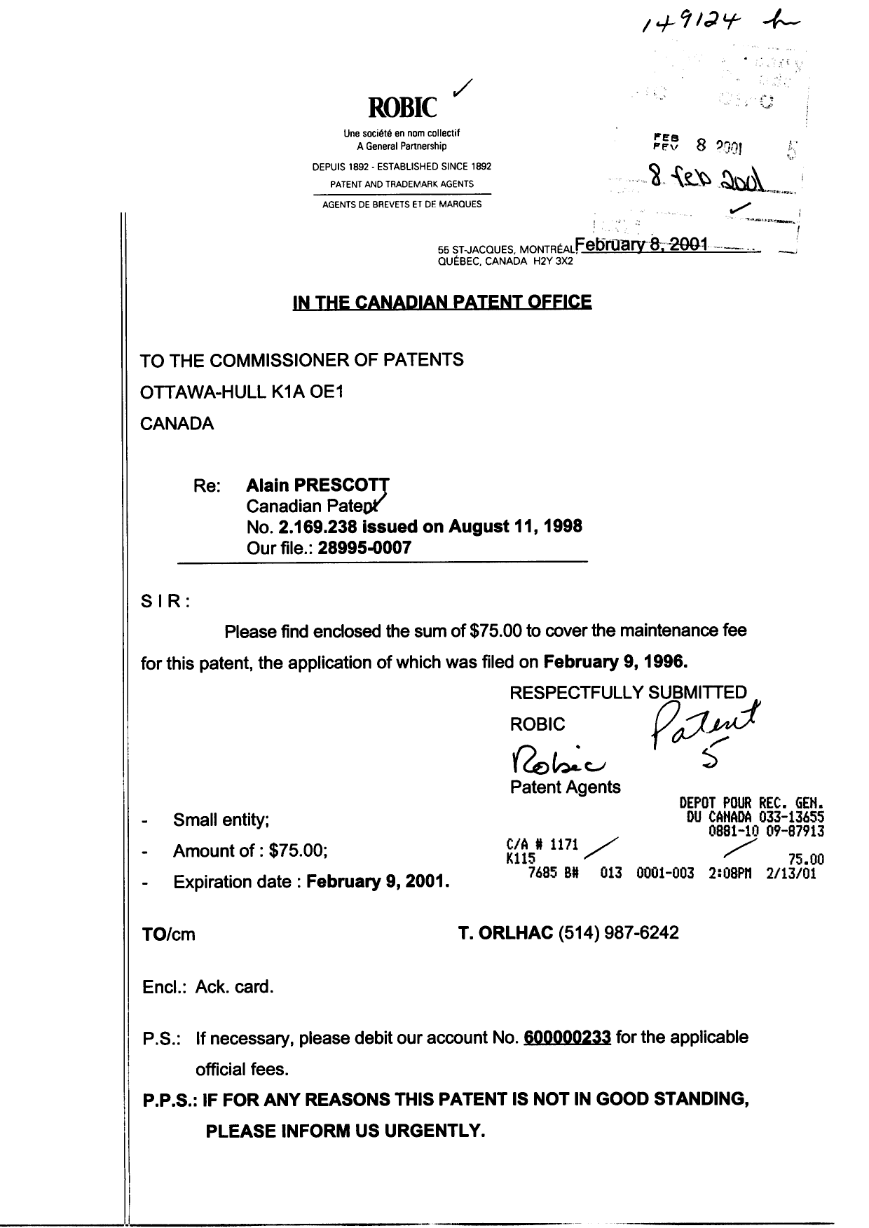Document de brevet canadien 2169238. Taxes 20010208. Image 1 de 1