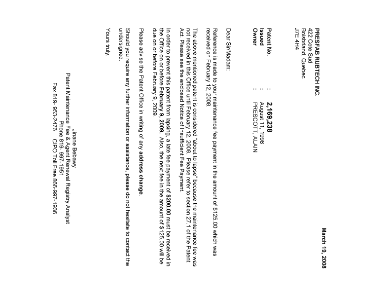 Document de brevet canadien 2169238. Correspondance 20080319. Image 1 de 1