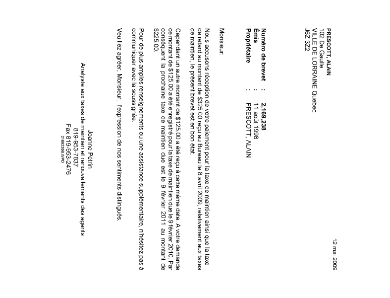 Document de brevet canadien 2169238. Correspondance 20090512. Image 1 de 1