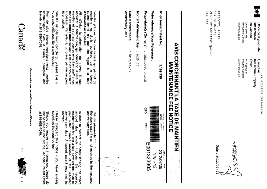 Document de brevet canadien 2169238. Taxes 20120626. Image 1 de 1