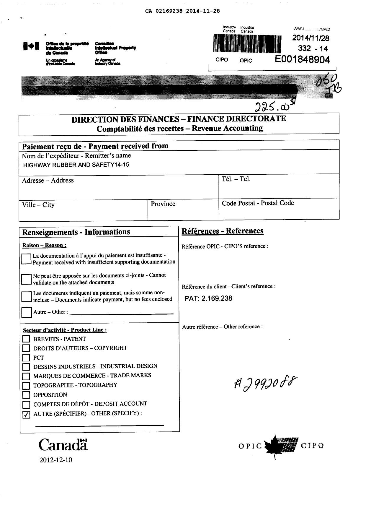 Document de brevet canadien 2169238. Taxes 20141128. Image 1 de 2
