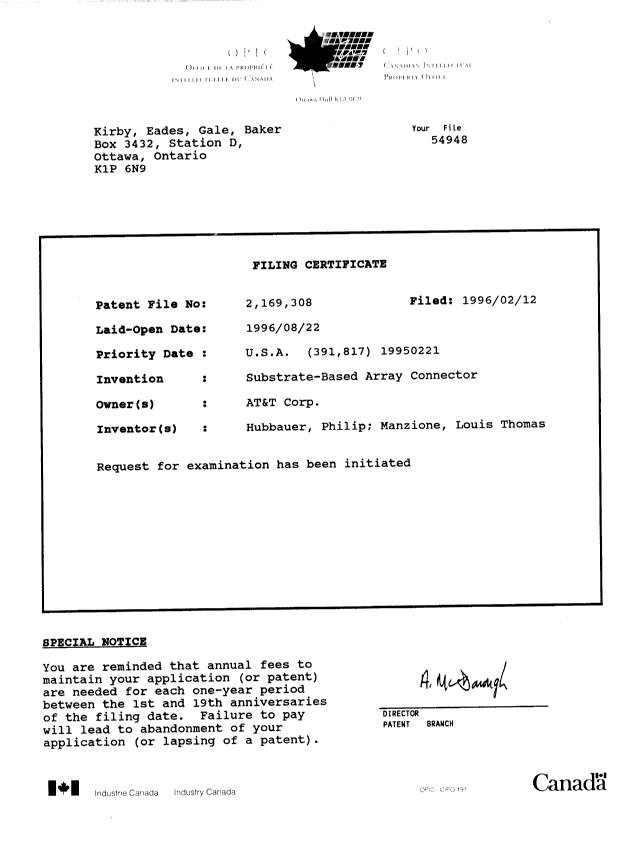 Document de brevet canadien 2169308. Cession 19960212. Image 10 de 10