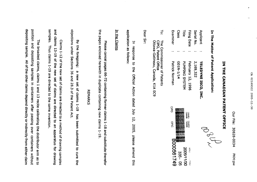 Document de brevet canadien 2169322. Poursuite-Amendment 20051130. Image 1 de 7