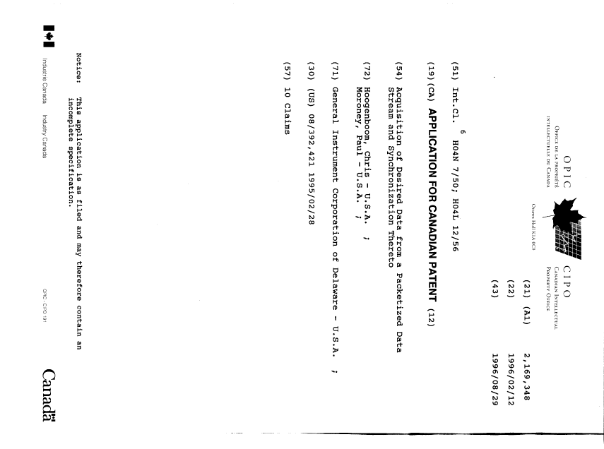 Document de brevet canadien 2169348. Page couverture 19960212. Image 1 de 1