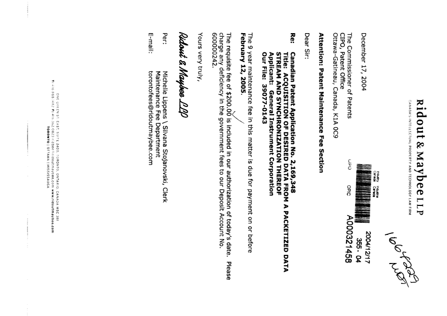 Document de brevet canadien 2169348. Taxes 20041217. Image 1 de 1