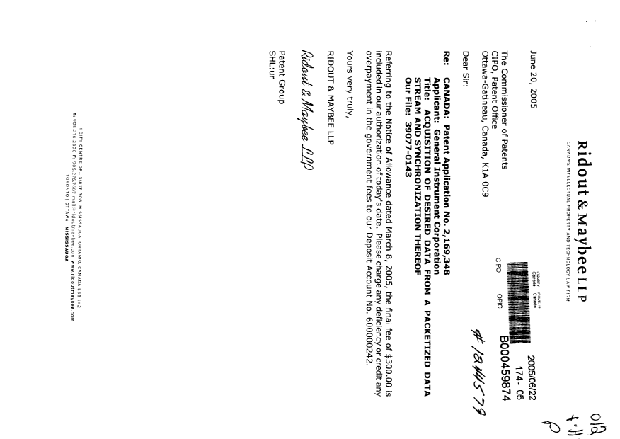 Document de brevet canadien 2169348. Correspondance 20050622. Image 1 de 1