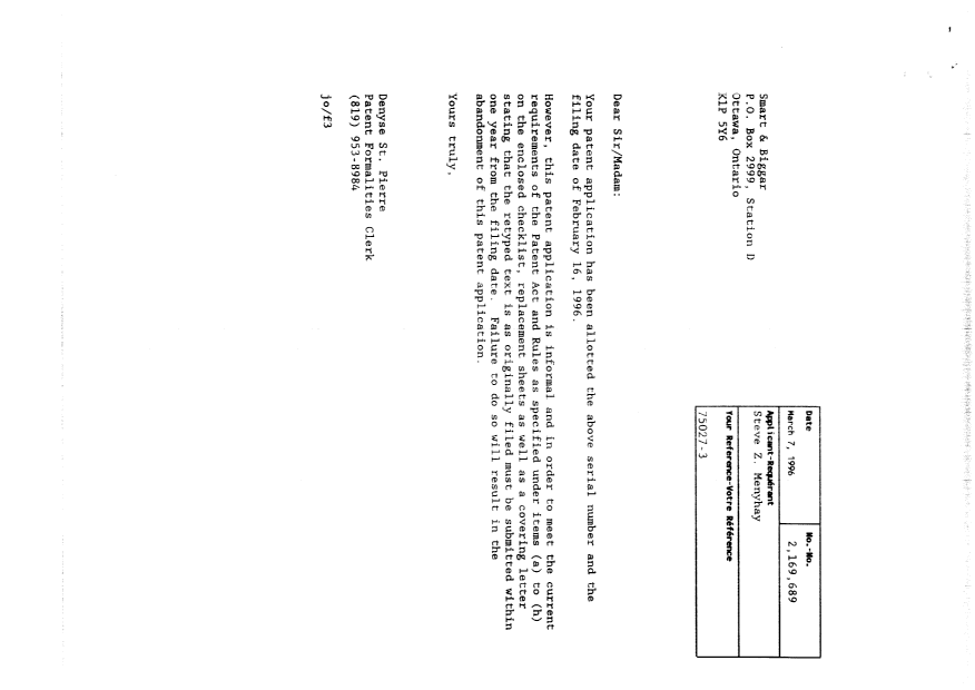 Document de brevet canadien 2169689. Correspondance 19960307. Image 1 de 25
