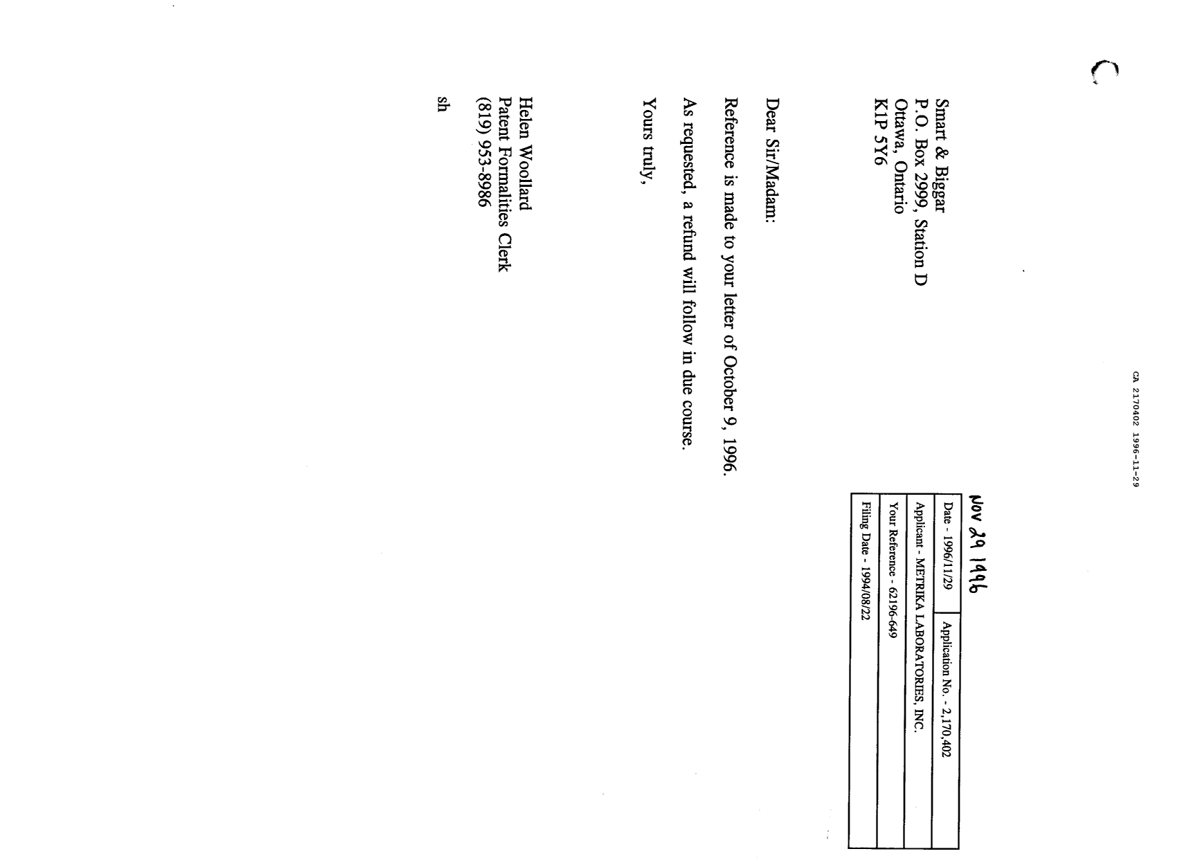 Document de brevet canadien 2170402. Correspondance 19951229. Image 1 de 1