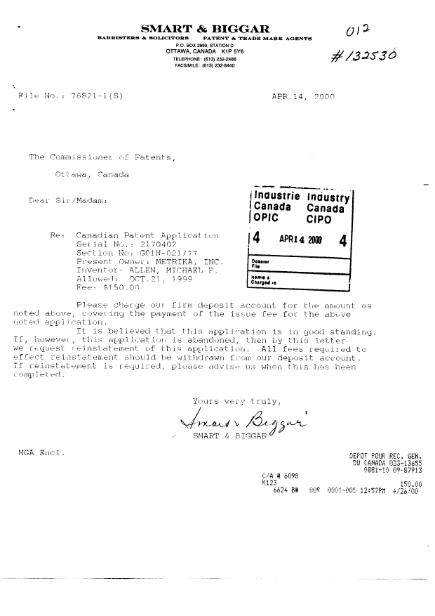 Document de brevet canadien 2170402. Correspondance 19991214. Image 1 de 2