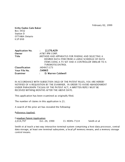 Canadian Patent Document 2170429. Prosecution-Amendment 19990202. Image 1 of 2