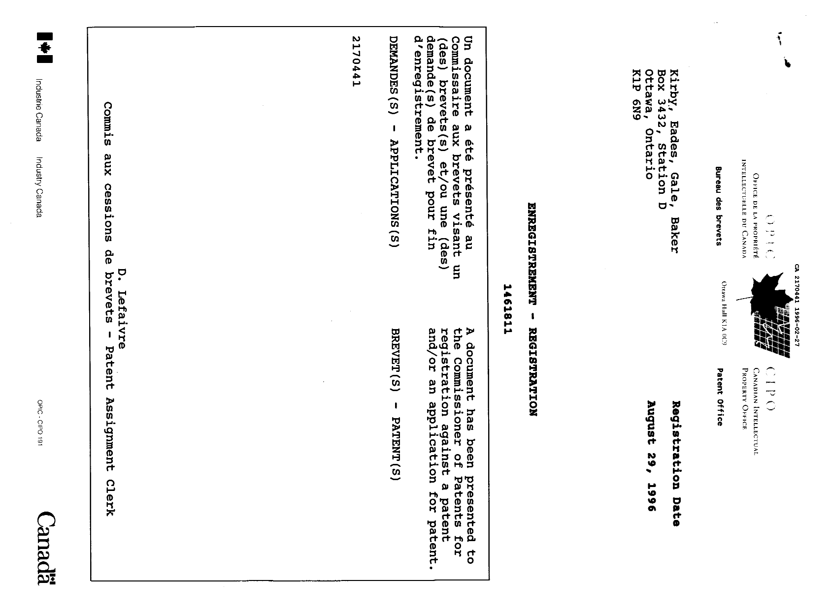 Canadian Patent Document 2170441. Prosecution Correspondence 19960227. Image 1 of 14