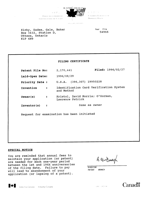 Document de brevet canadien 2170441. Correspondance de la poursuite 19960227. Image 2 de 14