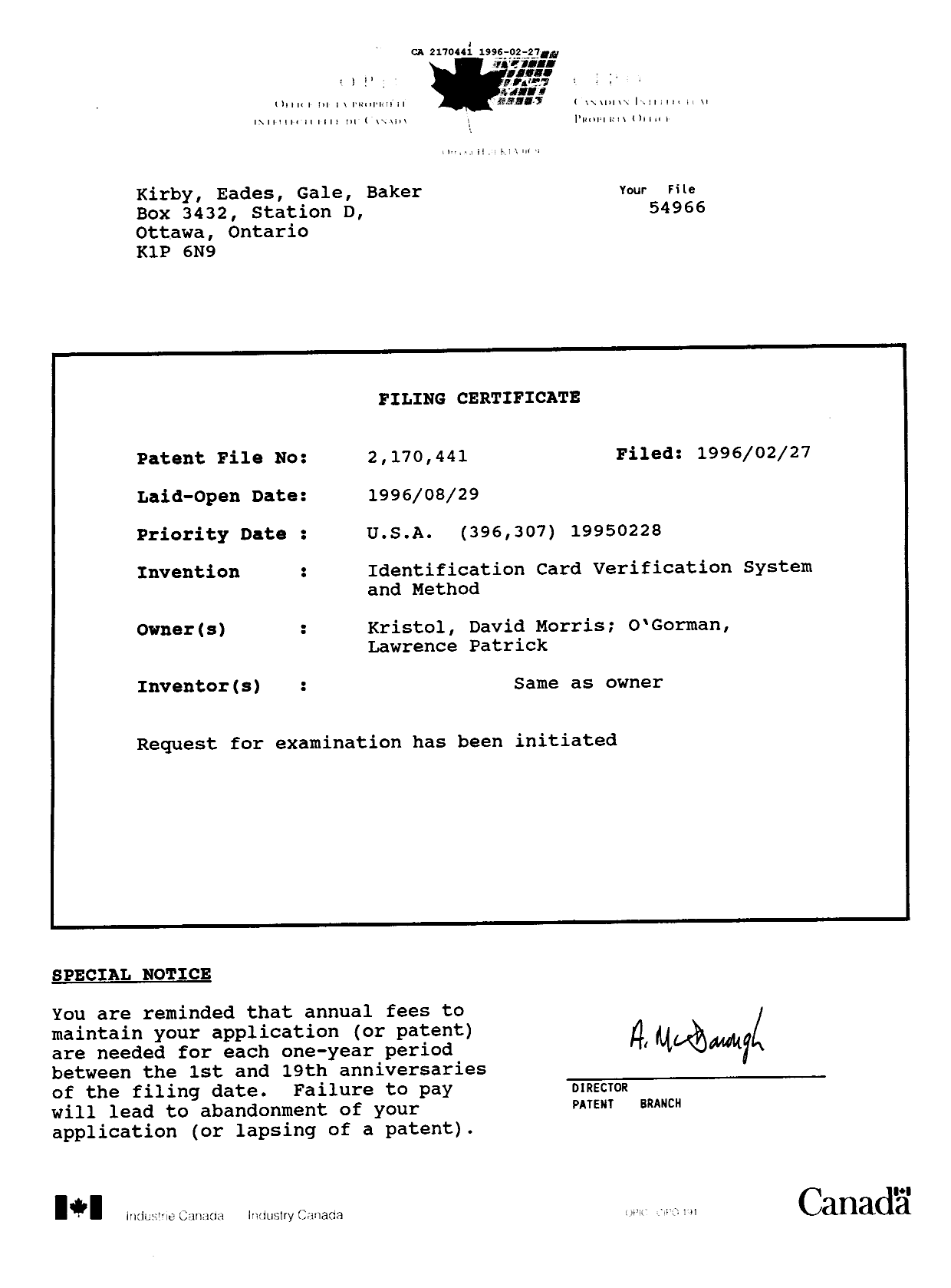 Canadian Patent Document 2170441. Prosecution Correspondence 19960227. Image 2 of 14