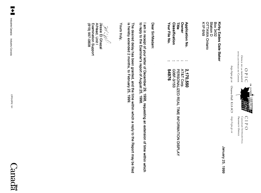 Document de brevet canadien 2170550. Lettre du bureau 19990125. Image 1 de 1