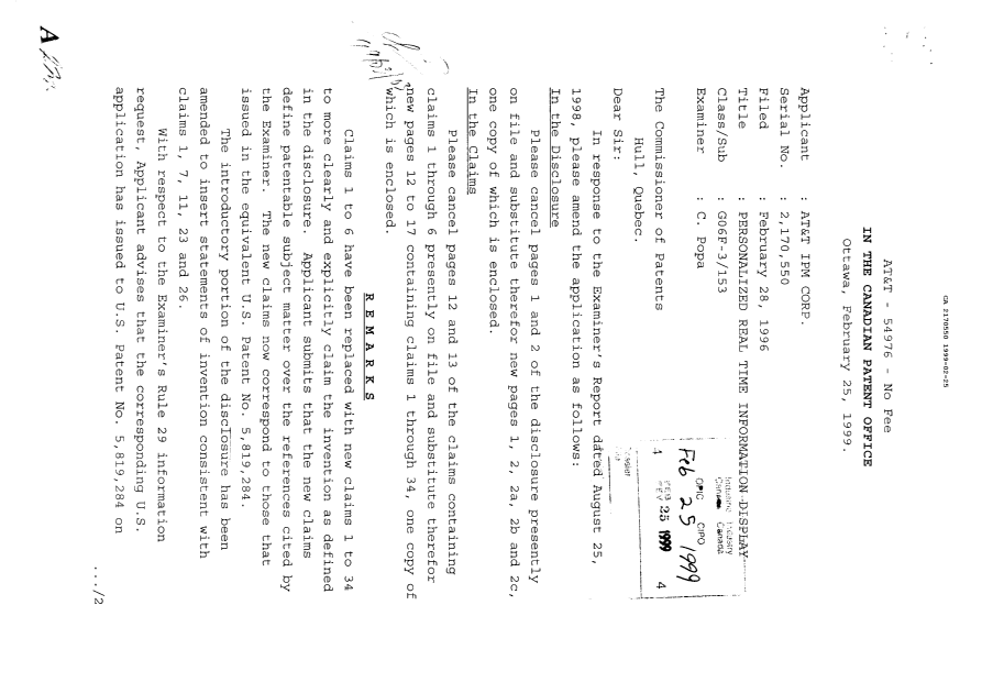 Canadian Patent Document 2170550. Prosecution Correspondence 19990225. Image 1 of 2