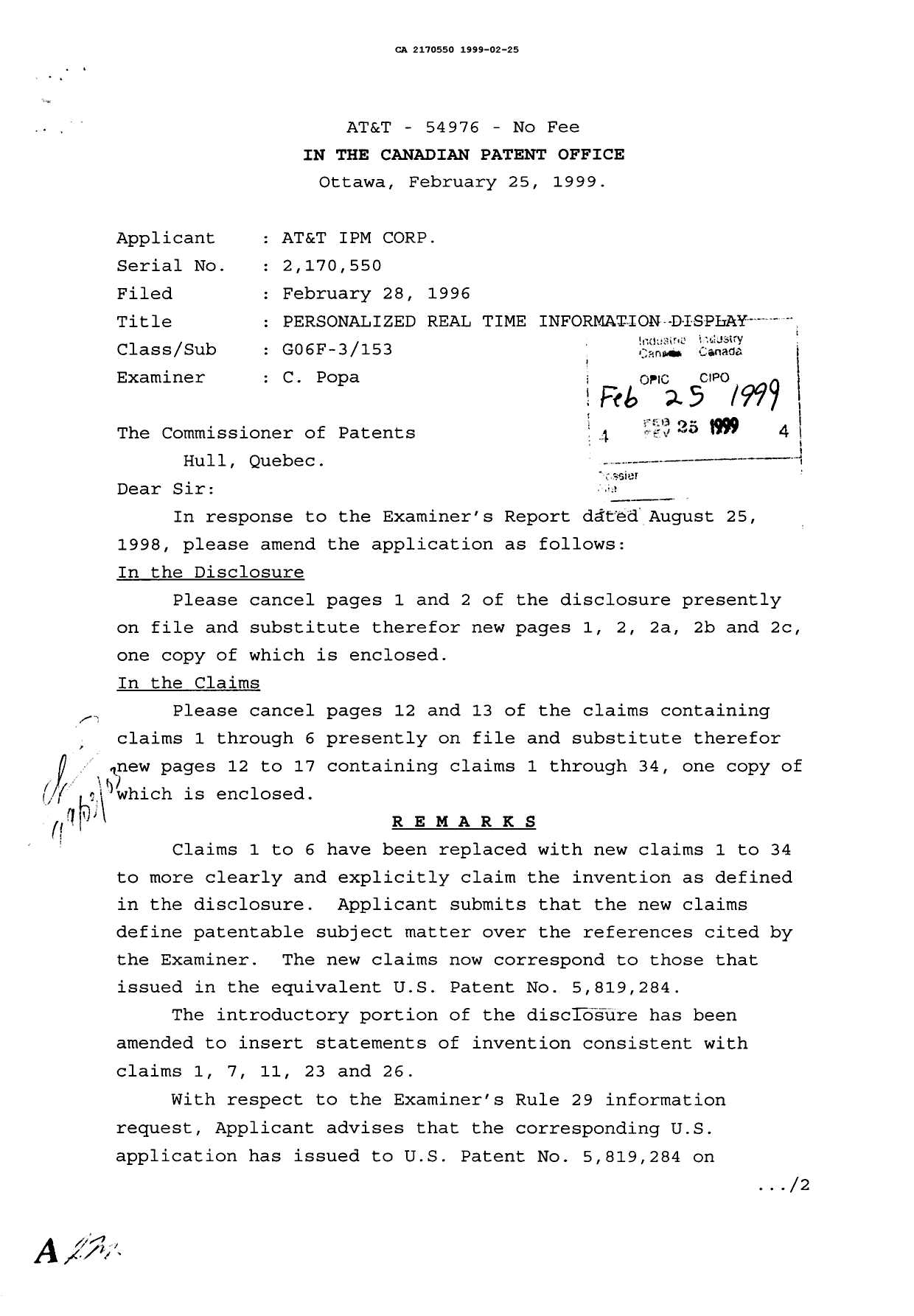 Document de brevet canadien 2170550. Correspondance de la poursuite 19990225. Image 1 de 2