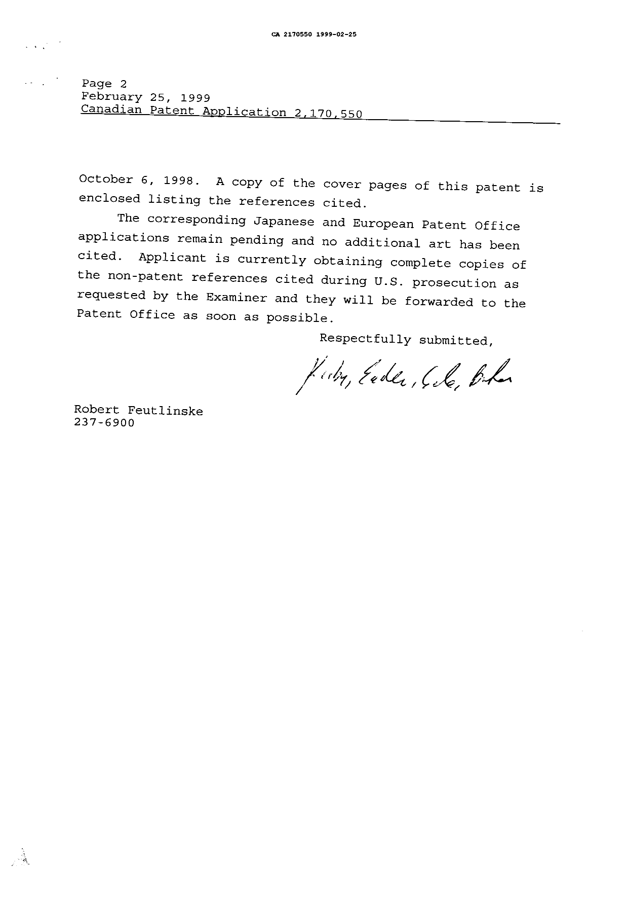 Canadian Patent Document 2170550. Prosecution Correspondence 19990225. Image 2 of 2