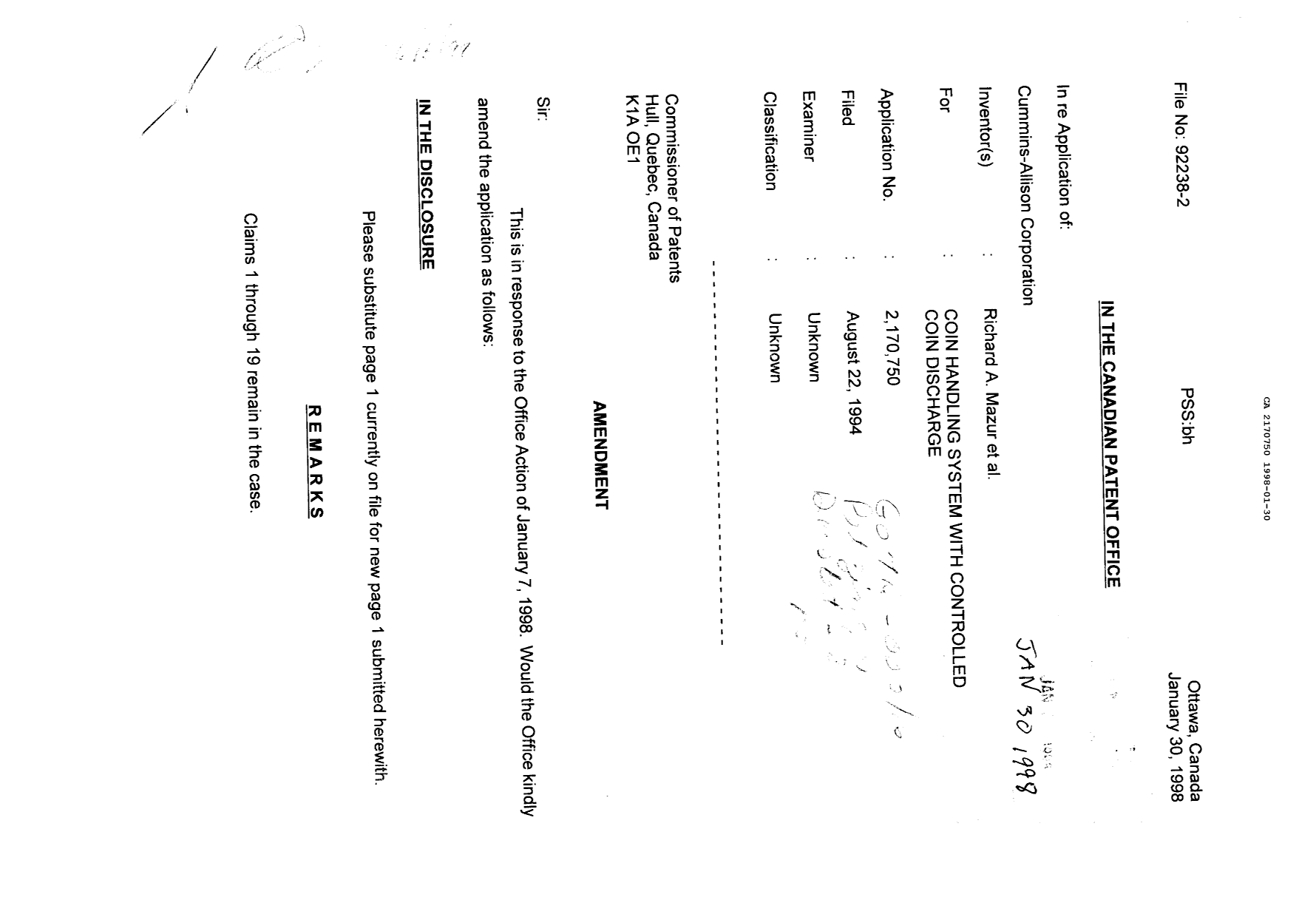 Canadian Patent Document 2170750. Prosecution Correspondence 19980130. Image 1 of 2