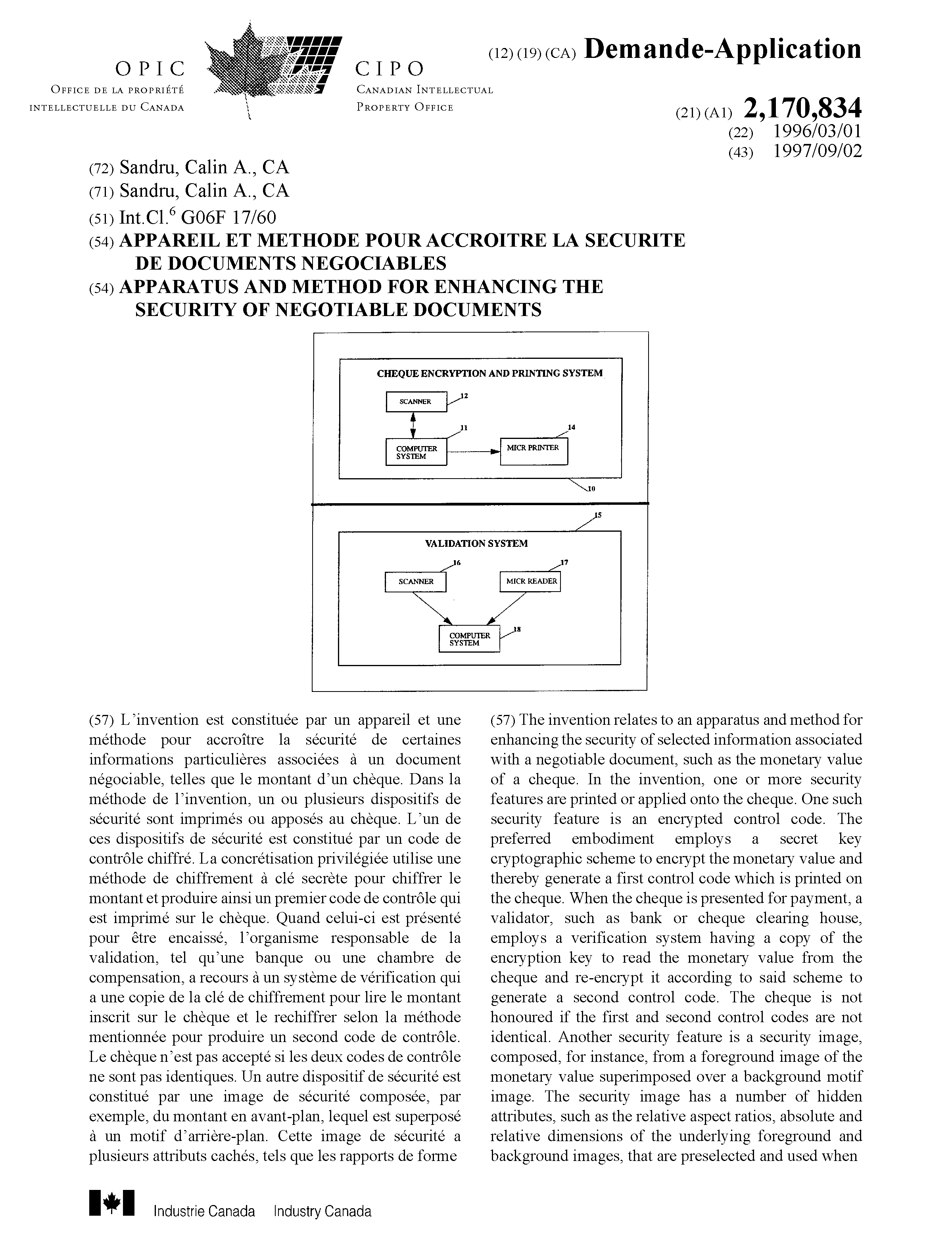 Document de brevet canadien 2170834. Page couverture 19991211. Image 1 de 2