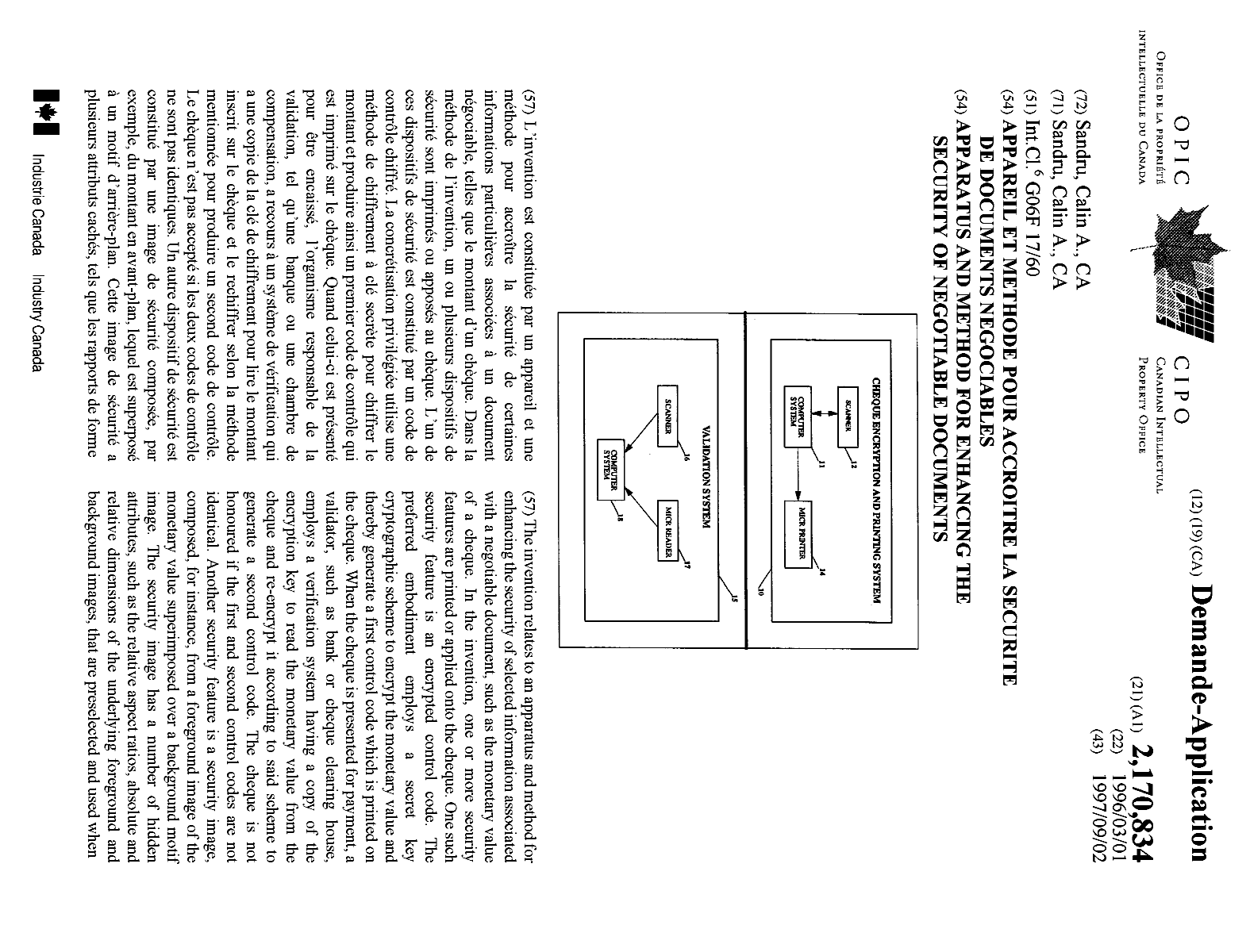 Canadian Patent Document 2170834. Cover Page 19991211. Image 1 of 2
