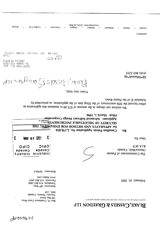 Document de brevet canadien 2170834. Taxes 20001216. Image 1 de 1