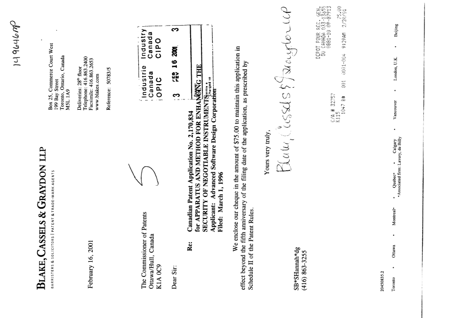 Canadian Patent Document 2170834. Fees 20001216. Image 1 of 1