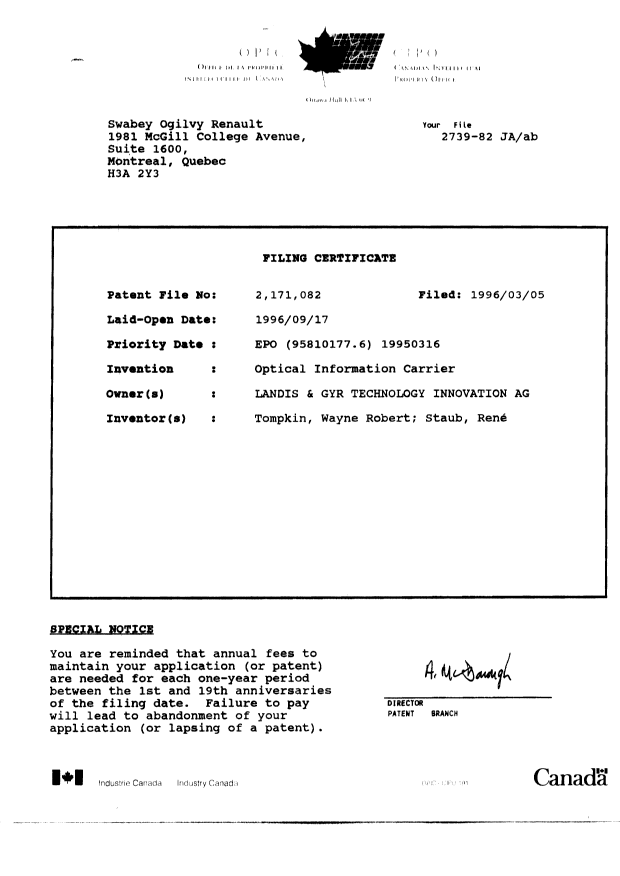 Document de brevet canadien 2171082. Cession 19960305. Image 24 de 24