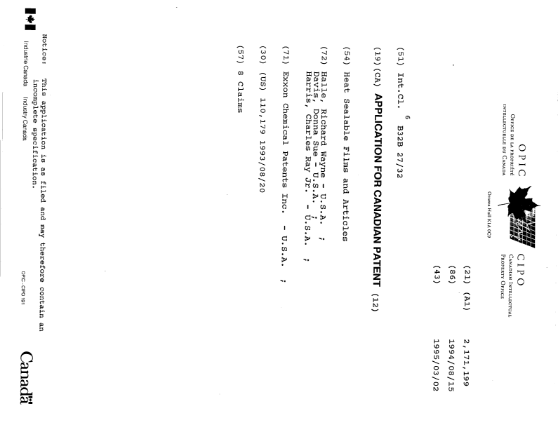 Canadian Patent Document 2171199. Cover Page 19960612. Image 1 of 1