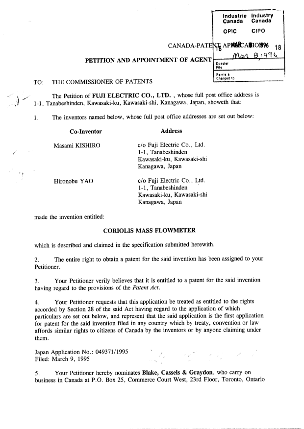 Canadian Patent Document 2171374. Assignment 19960308. Image 2 of 9