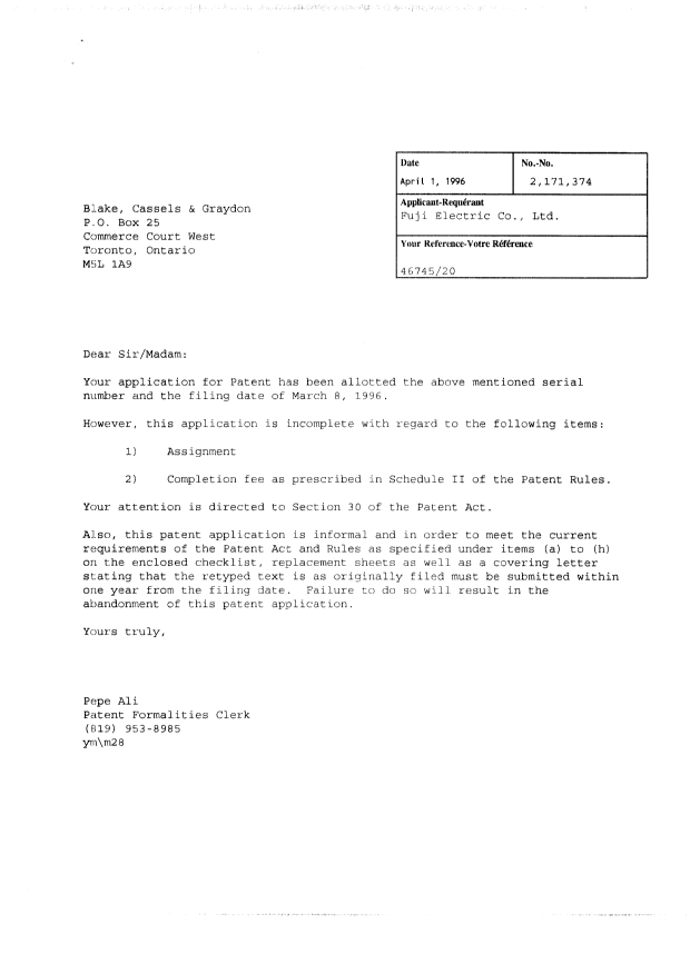Document de brevet canadien 2171374. Correspondance 19960401. Image 1 de 74