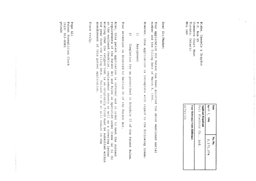 Canadian Patent Document 2171374. Correspondence 19960401. Image 1 of 74