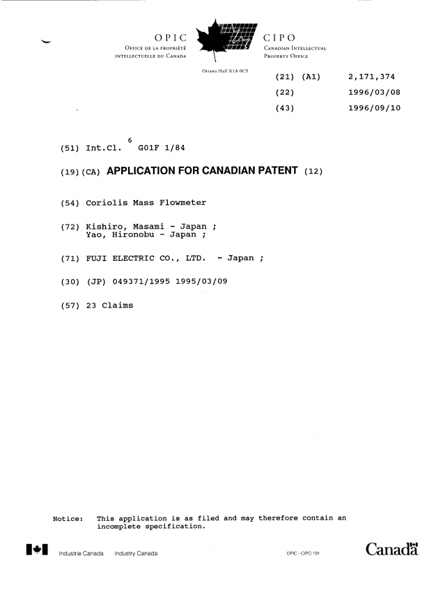 Document de brevet canadien 2171374. Page couverture 19960617. Image 1 de 1