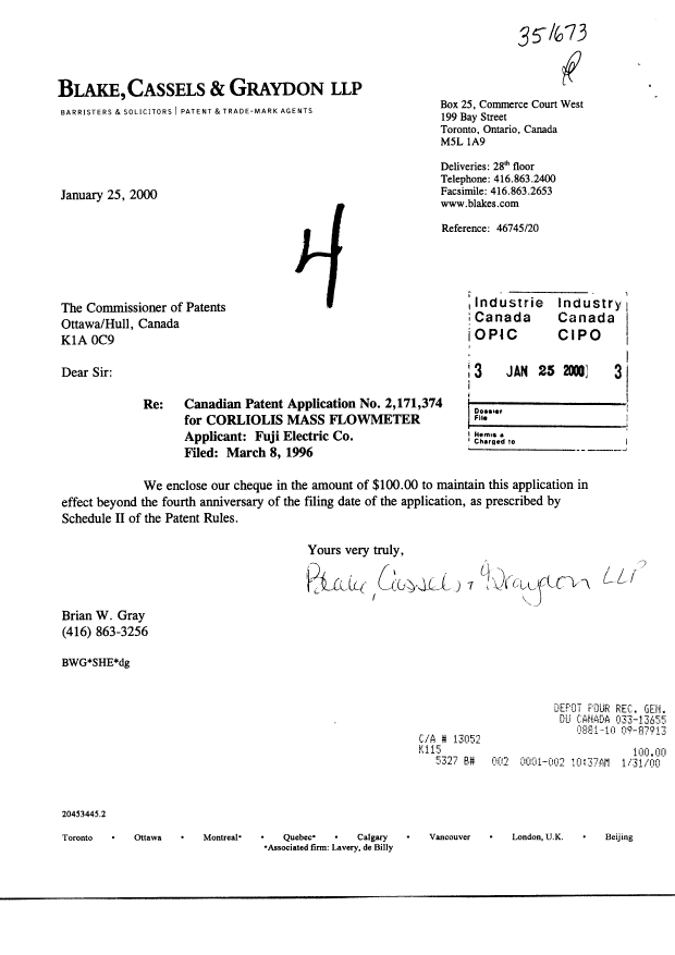 Canadian Patent Document 2171374. Fees 20000125. Image 1 of 1