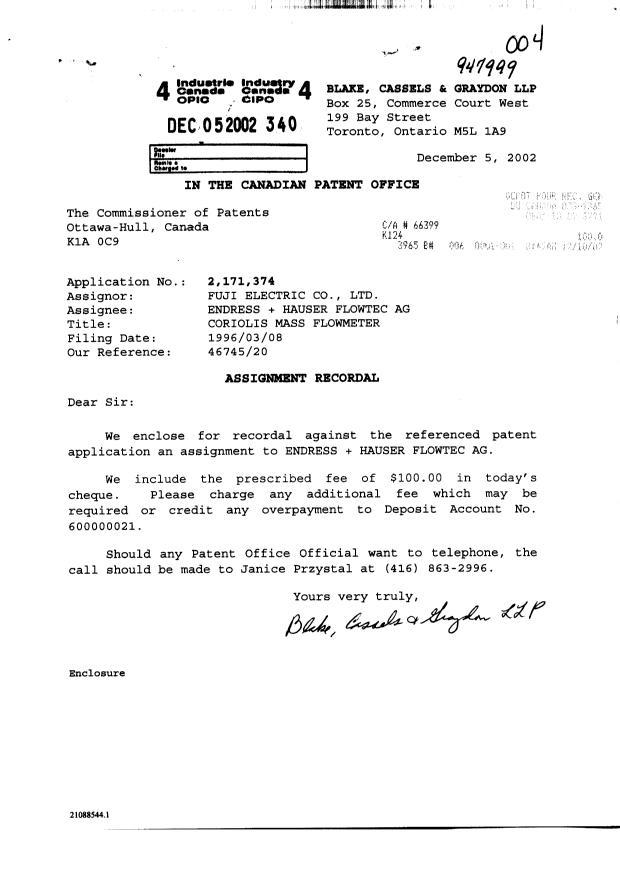 Document de brevet canadien 2171374. Cession 20021205. Image 1 de 3