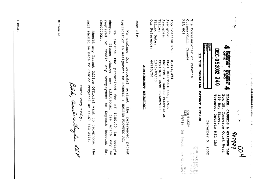 Canadian Patent Document 2171374. Assignment 20021205. Image 1 of 3