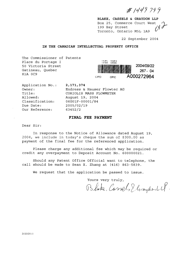 Document de brevet canadien 2171374. Correspondance 20040922. Image 1 de 1