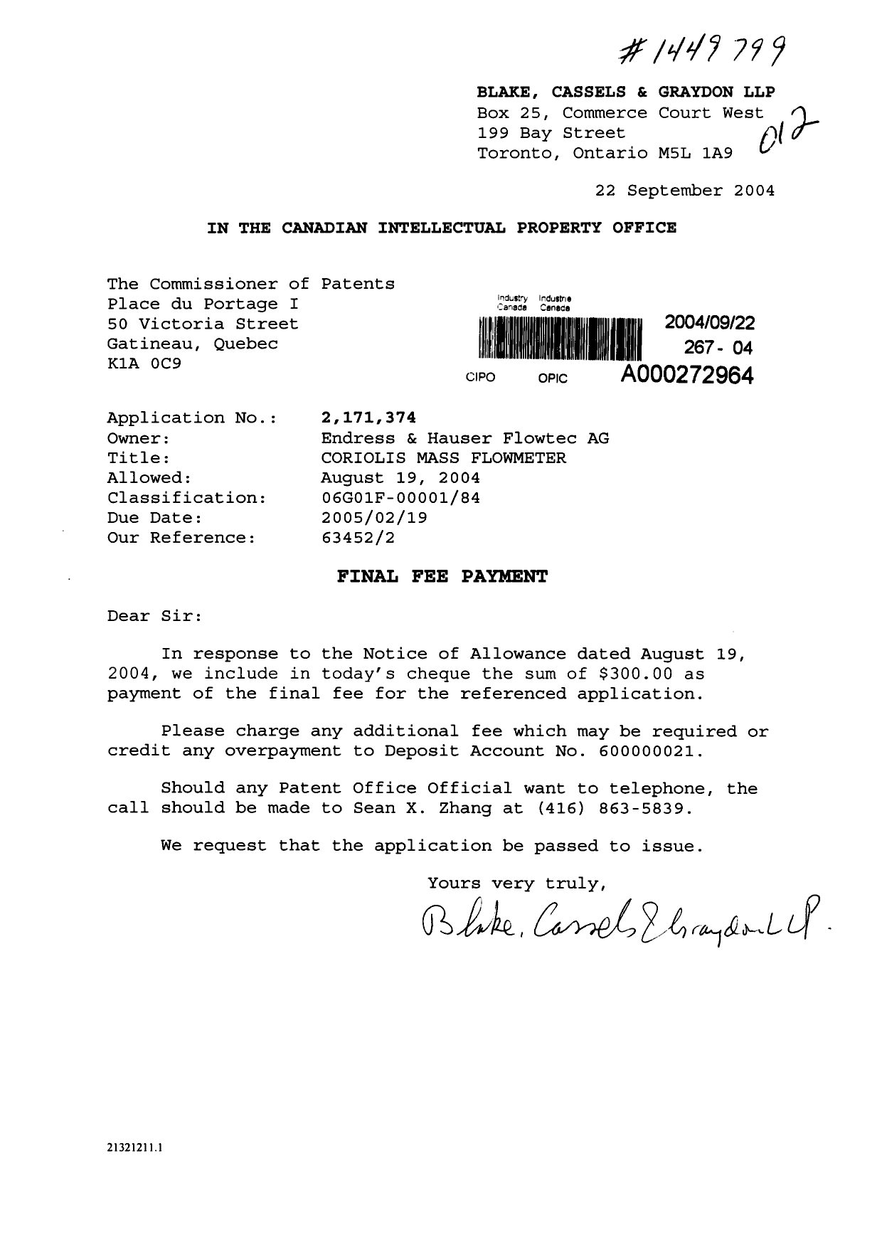 Canadian Patent Document 2171374. Correspondence 20040922. Image 1 of 1