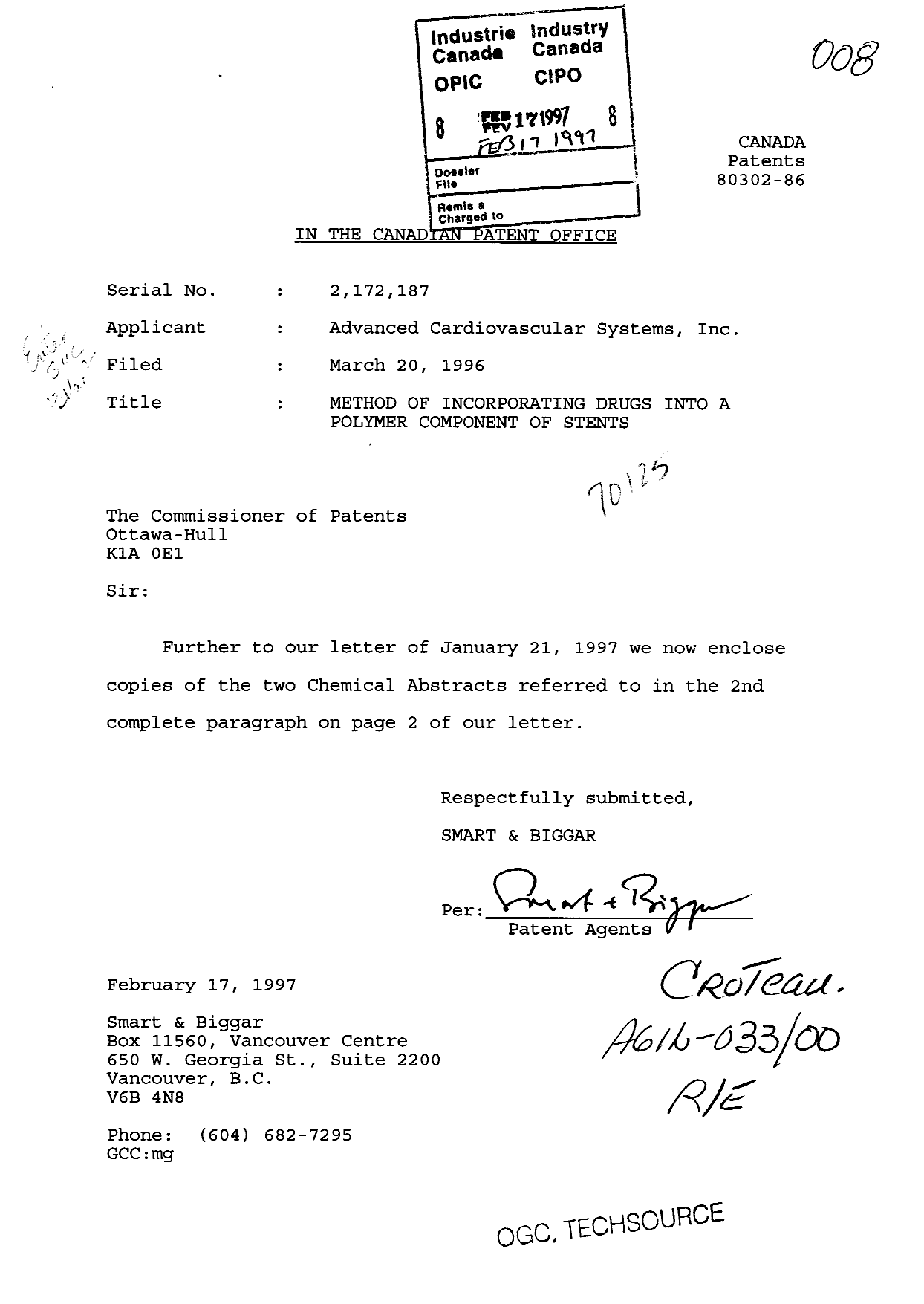 Canadian Patent Document 2172187. Prosecution-Amendment 19970217. Image 1 of 1