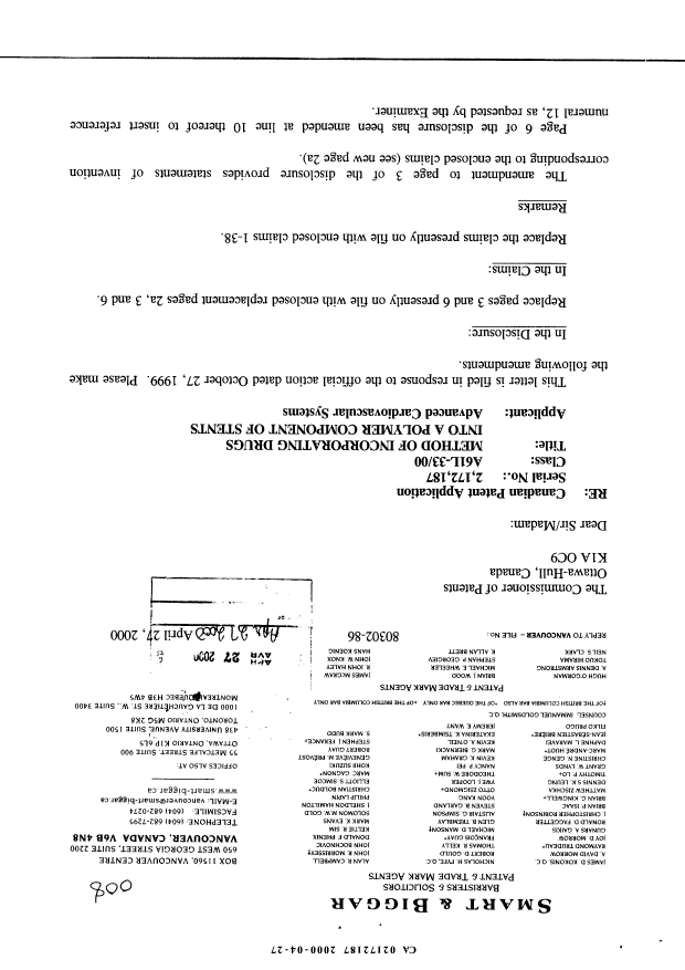 Canadian Patent Document 2172187. Prosecution-Amendment 20000427. Image 1 of 15
