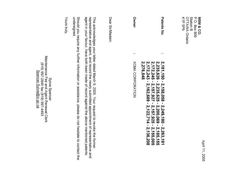 Document de brevet canadien 2172245. Correspondance 20050411. Image 1 de 1